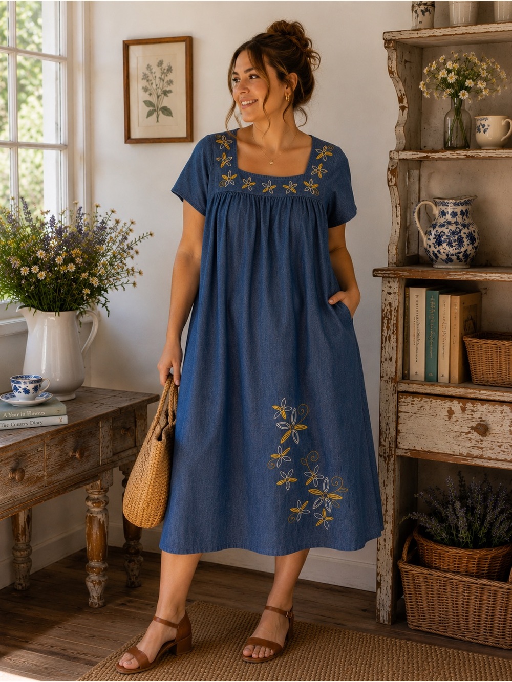 Vintage Blue Midi Dress with Yellow Floral Embroidery
